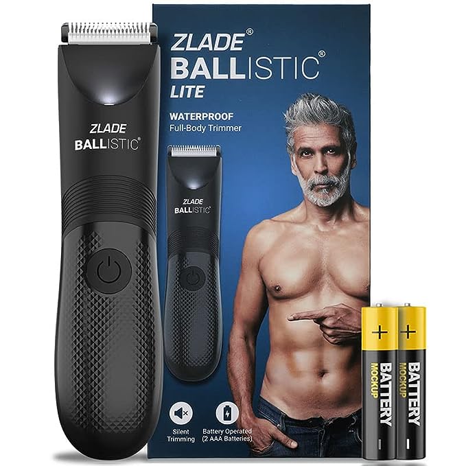 Zlade Ballistic LITE Manscaping Body Trimmer for Men | Beard, Body, Pubic Hair Grooming | Private Part Shaving | Waterproof, AAA Battery Powered | Travel Lock - 3 Second Long Press to Start Zlade Ballistic LITE Manscaping Body Trimmer for Men | Beard, Body, Pubic Hair Grooming | Private Part Shaving | Waterproof, AAA Battery Powered | Travel Lock - 3 Second Long Press to Start